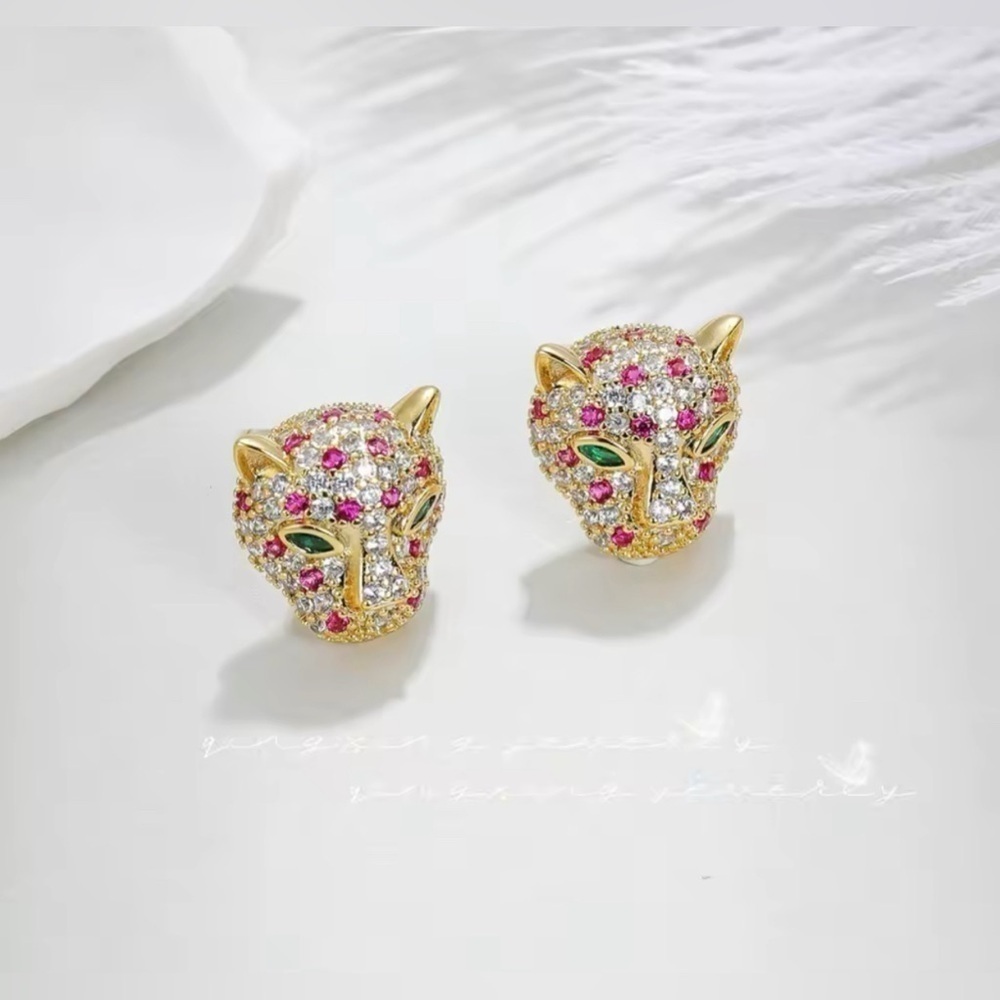 18K Gold Plated Panther Pink & White Zircon & Emerald Inlay Stud Earrings